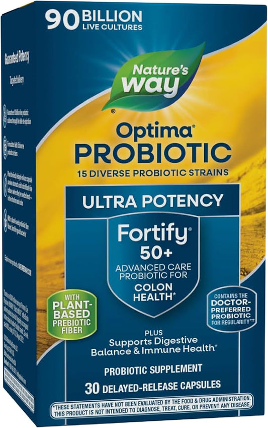Nature's Way Fortify Optima Probiotic for Adults 50+, 90 Billion Live Cultures, 15 Strains, Colon Health*, Supports Digestive Balance and Immune Health*, 30 Capsules (Packaging May Vary)