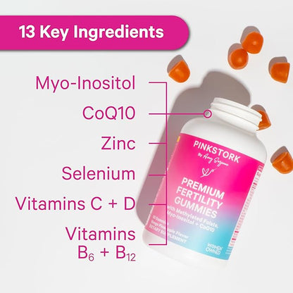 Pink Stork Premium Fertility Gummies for Women - Prenatal Conception Supplements for Her with Inositol, CoQ10, Folate and Vitamins to Support Hormone Balance, Ovulation + Menstrual Cycle, 60 Gummies