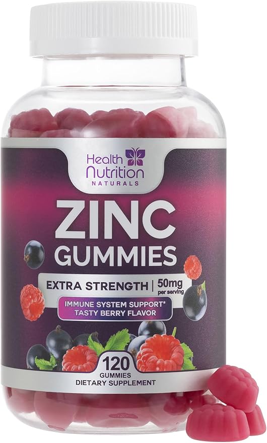 Zinc Supplement 50mg Gummies for Adults - Max Strength Skin Health & Immune Support Gummy, Vegan, Non-GMO & Gluten Free, Nature’s Antioxidant & Bone Health Chewable Zinc Vitamins - 120 Gummies