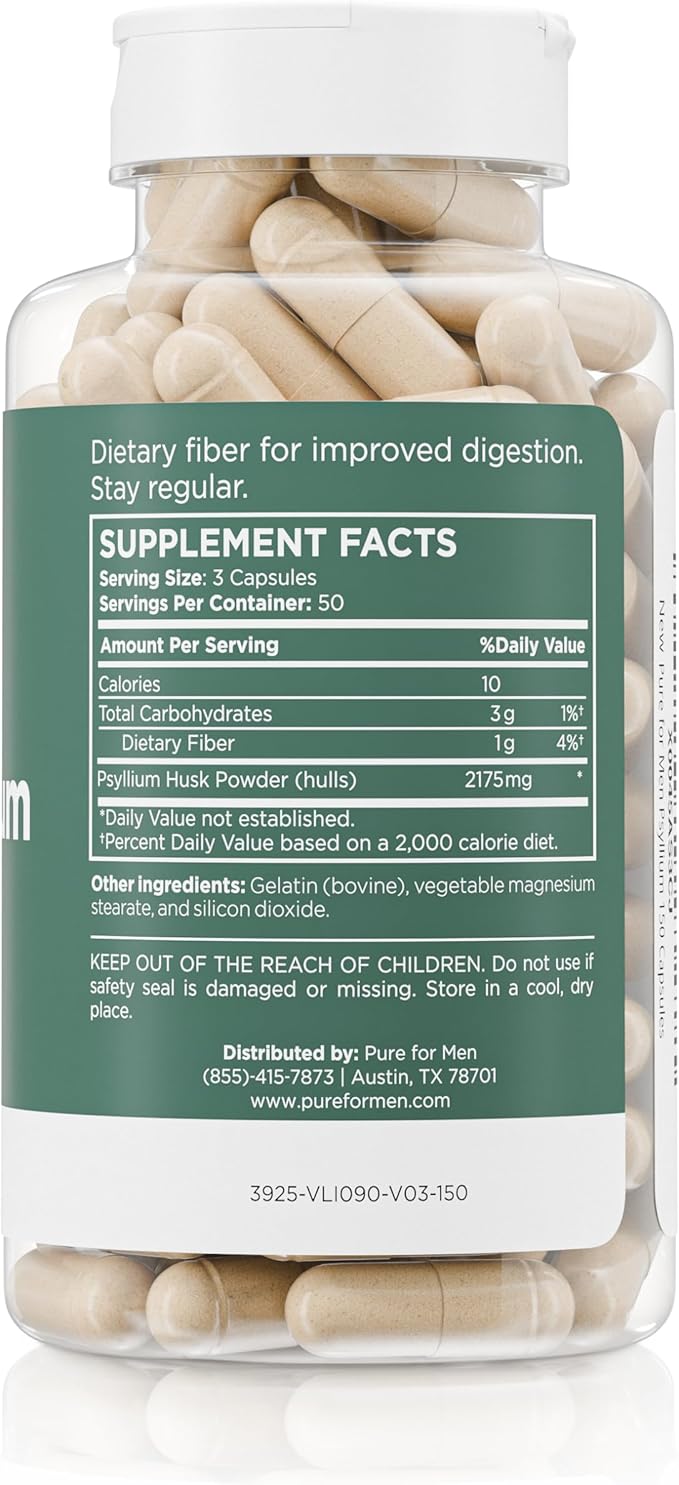 Daily Psyllium Husk Fiber Supplement by Pure for Men & Pure for Her | Digestive Regularity & Gut Health Support | Soluble Fiber Powder, 2,175mg Per Serving | 150 Capsules