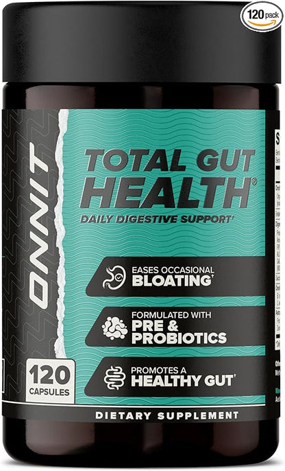ONNIT Total Gut Health Daily Digestive Support, Complete Digestion Supplement for Women and Men with 7 Strains of Probiotics, Prebiotics, Enzymes and Betaine HCL, 120 Count