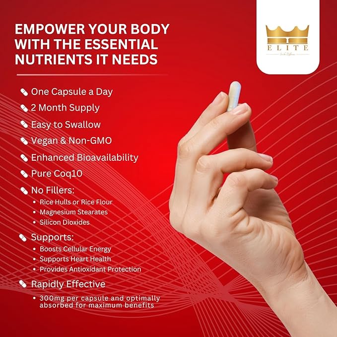 Crown Elite Premium High Absorption CoQ10 Ubiquinone Supplement - Boost Heart Health and Energy Production Naturally, Powerful Antioxidant | Non-GMO, Organic Vegan Capsules | 300mg, 2 Month Supply