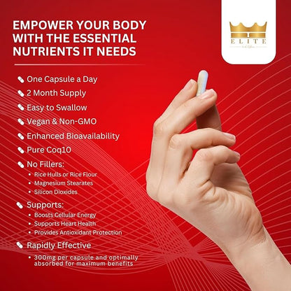 Crown Elite Premium High Absorption CoQ10 Ubiquinone Supplement - Boost Heart Health and Energy Production Naturally, Powerful Antioxidant | Non-GMO, Organic Vegan Capsules | 300mg, 2 Month Supply