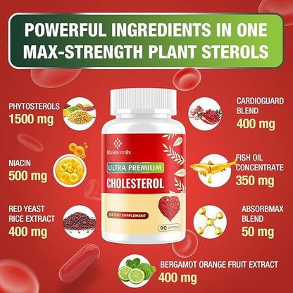 Cholesterol Supplements with Plant Sterols, Niacin, Red Yeast Rice, Bergamot, Omega-3 & Garlic - Max Absorption - 270 Softgels