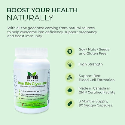 Gentle Iron Supplement for Adults I Iron bisglycinate with Vitamin C, B12, Folic Acid I Supports Red Blood Cell Formation & boosts Immunity - 90 Vegeterian Capsules, Gluten Free