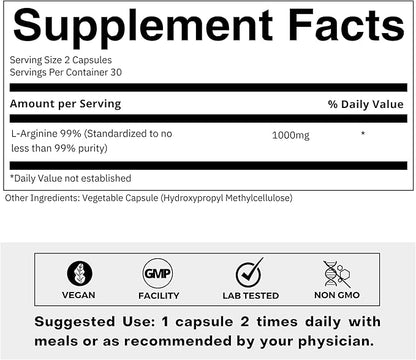 L-Arginine 1000mg Supplement for Men and Women - Supports Nitric Oxide Production - Supports Blood Circulation - Pre Workout Amino Acid Supplement (60 Capsules)