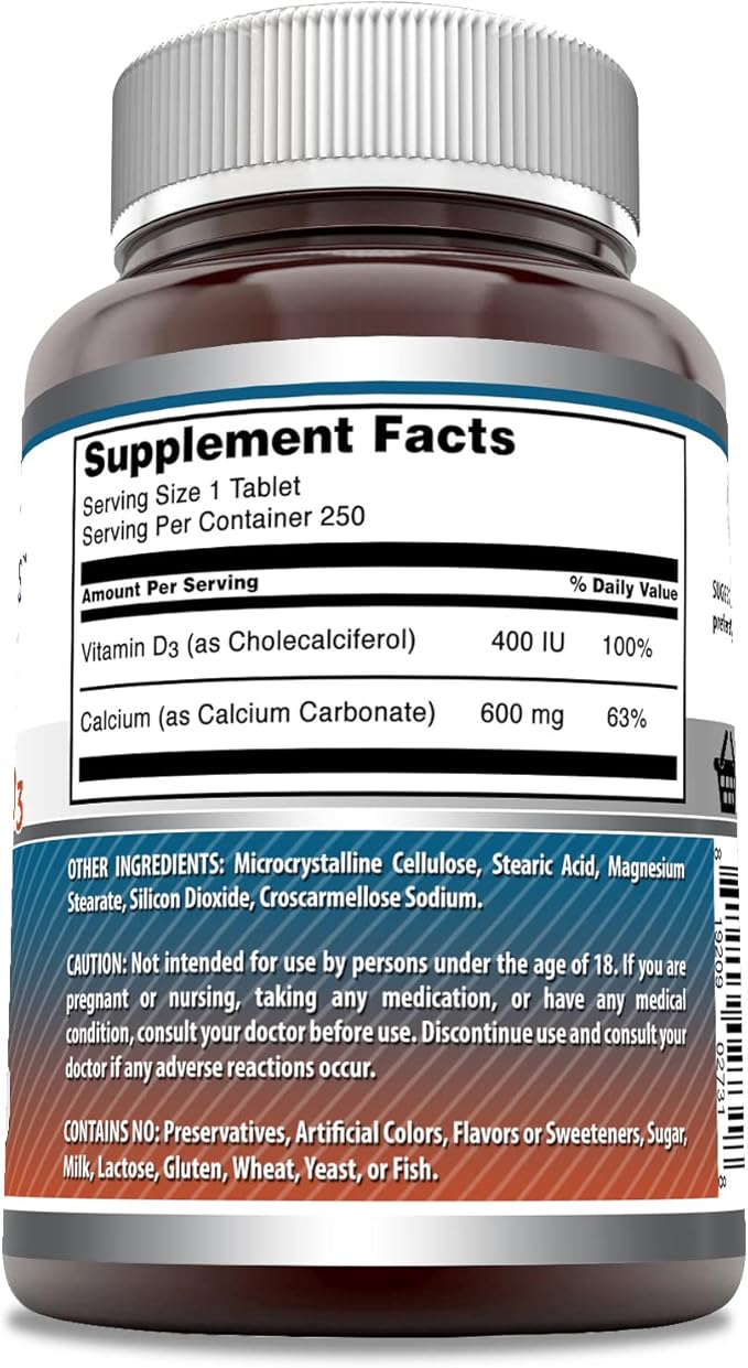 Amazing Formulas Calcium 600 Mg Plus Vitamin D3 400 IU Tablets | Non-GMO Supplement | Gluten Free | Made in USA (250, Tablets)