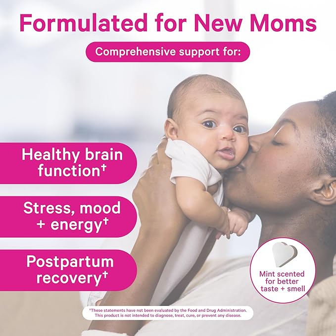 Pink Stork Total Postnatal Vitamins for Women - Mint Essenced Capsules with Vegan DHA, Iron, Folate, and Vitamin B12, Postpartum Recovery Essentials - 1 Month Supply