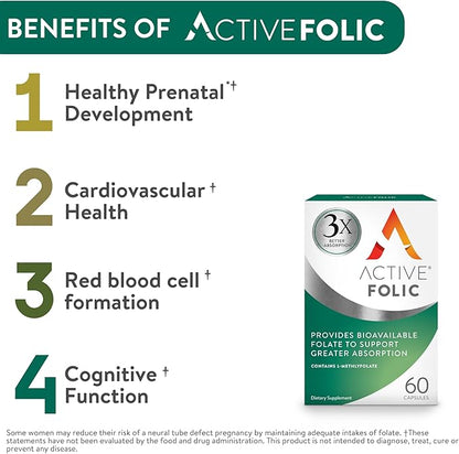 Active Folic 400mcg, Folic Acid Supplement for Pregnancy, 60 Capsules, Helps Fight Tiredness, Fatigue, Highly Absorbed, L-Methylfolate, Vegan, 2 Month Supply