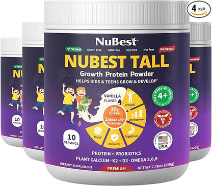 NuBest Tall Protein Powder for Kids & Teens - Vegan Vanilla Protein Powder Shake with Organic Red Algae Calcium, Probiotics, Omega 3-6-9, Vitamin D3 + K2 & Magnesium from Marine Algae - Pack 4