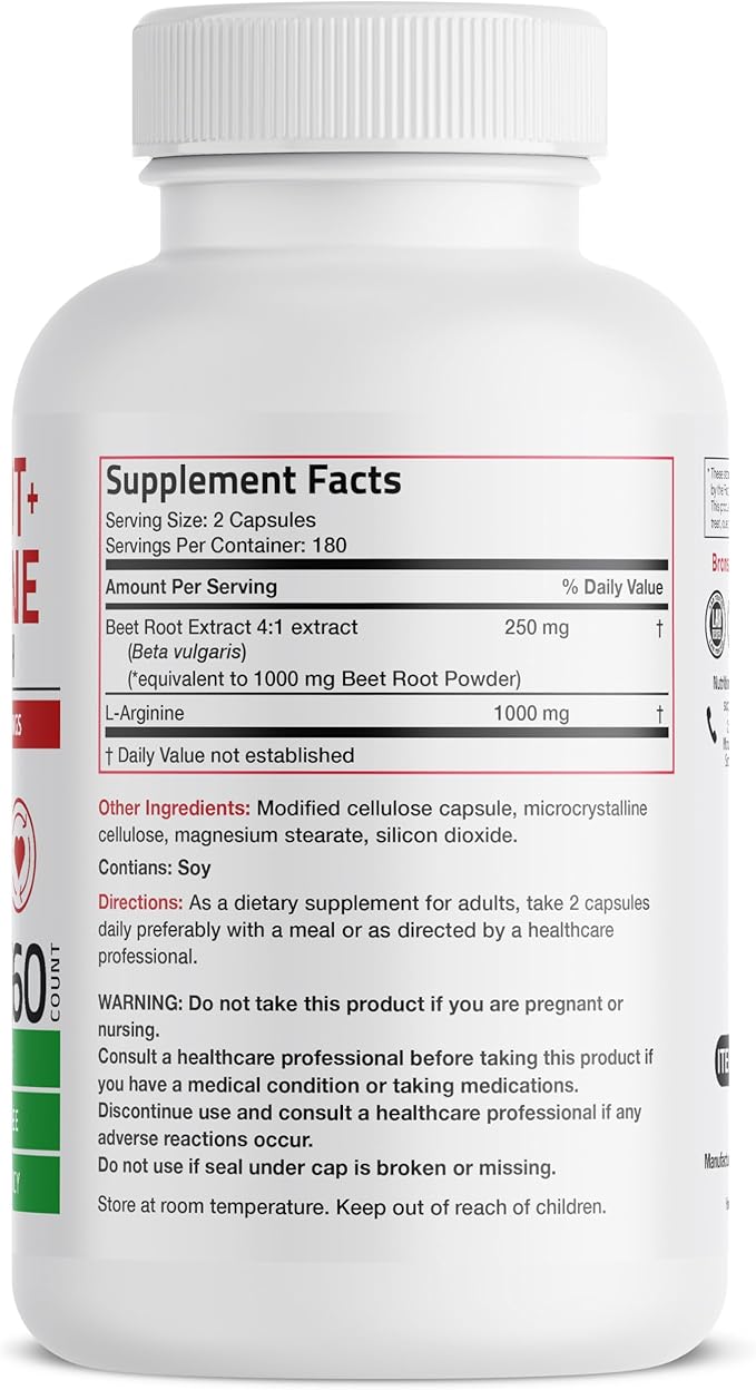 Bronson Beet Root + L-Arginine Nitric Oxide Production - Non-GMO, 360 Vegetarian Capsules