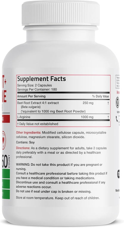 Bronson Beet Root + L-Arginine Nitric Oxide Production - Non-GMO, 360 Vegetarian Capsules