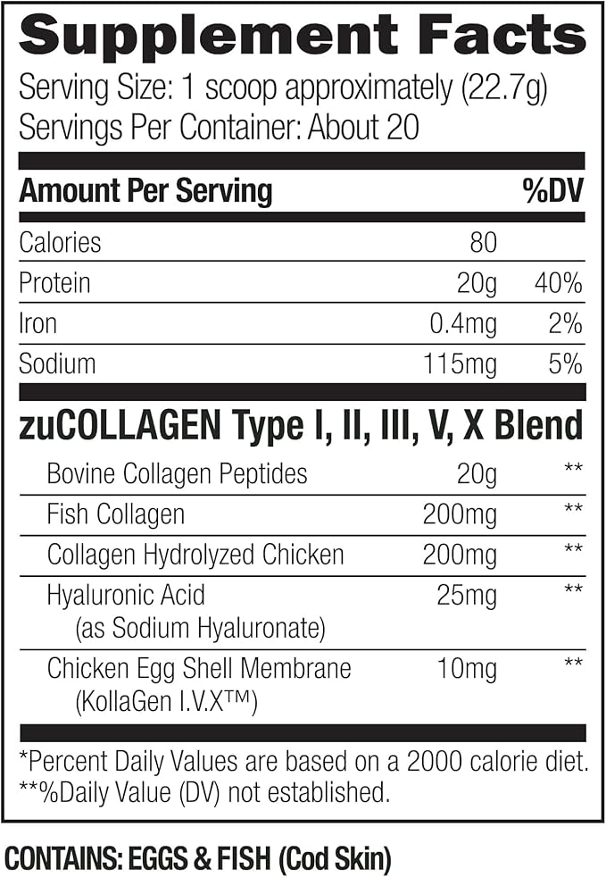 UMZU ZuCollagen Hydrolyzed Protein Powder | 5 Collagen Peptide Types for Healthy Hair, Skin, Nails, Joints & Gut | Low Calorie, High Protein (20g Protein per Serving | Unflavored)
