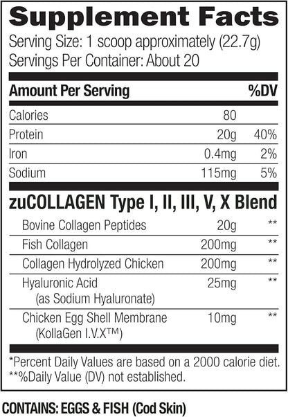 UMZU ZuCollagen Hydrolyzed Protein Powder | 5 Collagen Peptide Types for Healthy Hair, Skin, Nails, Joints & Gut | Low Calorie, High Protein (20g Protein per Serving | Unflavored)