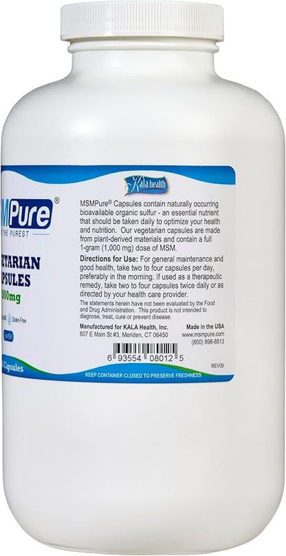 Kala Health MSMPure Vegetarian Capsules, 500 Count, Made with Organic Sulfur Crystals, 99.99% Pure Distilled MSM Supplement, 1,000 mg per Capsule, Made in USA