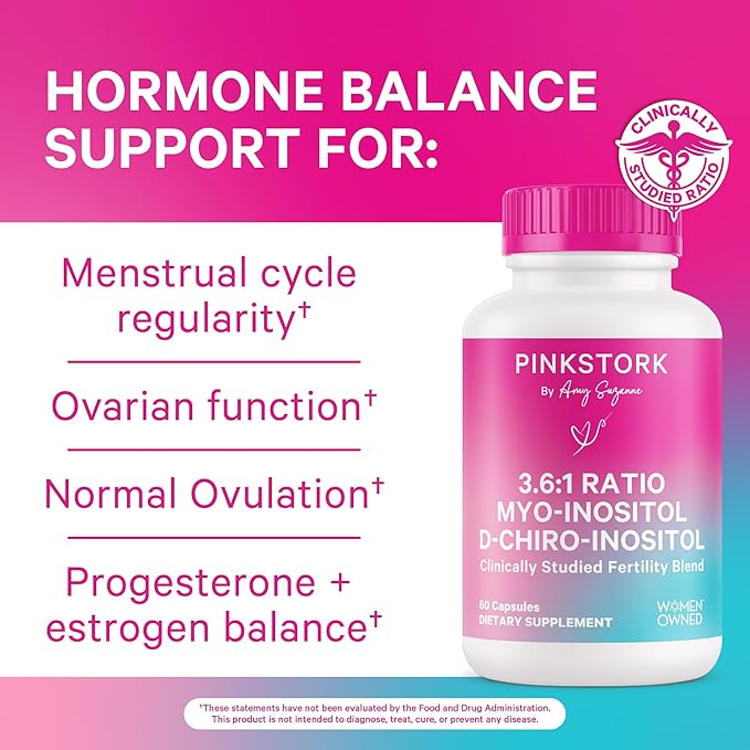 Pink Stork Myo-Inositol & D-Chiro Inositol: 3.6:1 Blend to Support Fertility, Hormone Balance for Women - Ovarian Function, Ovulation, Conception, and Period Support Supplement - 60 Capsules