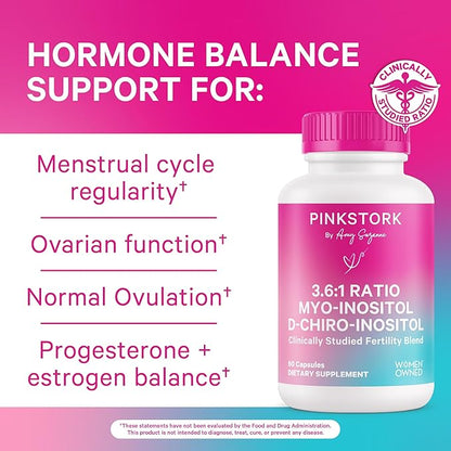 Pink Stork Myo-Inositol & D-Chiro Inositol: 3.6:1 Blend to Support Fertility, Hormone Balance for Women - Ovarian Function, Ovulation, Conception, and Period Support Supplement - 60 Capsules