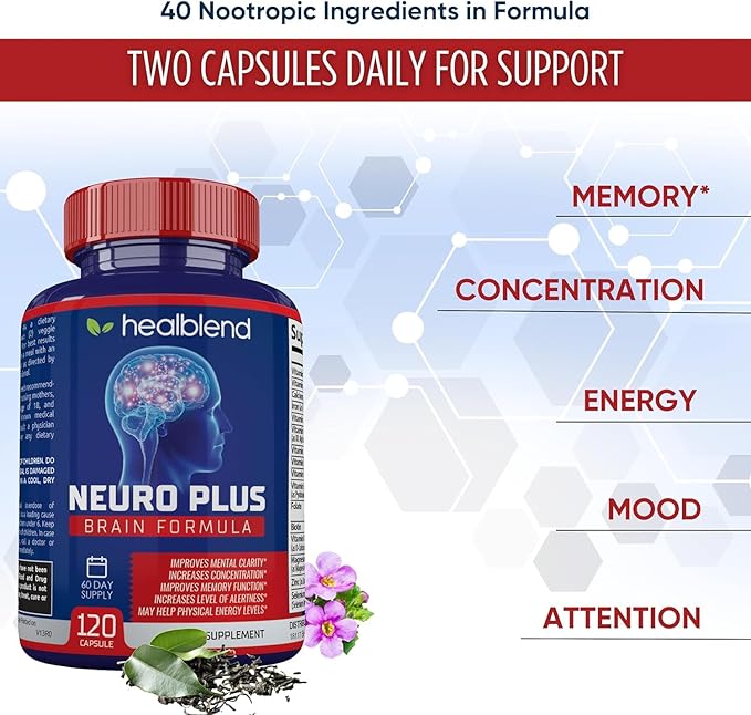 healblend Neuro Plus Brain & Focus Formula - Brain Booster Supplement, Supports Mental Clarity & Focus - Enhances Concentration & Mental Energy – 120 Capsules (2 Pack)
