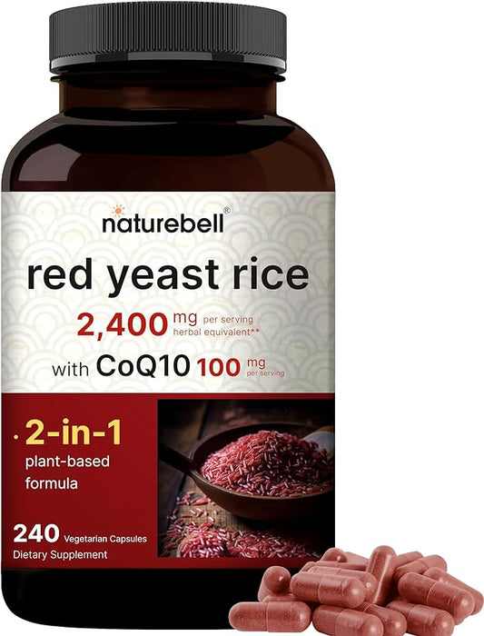 Red Yeast Rice 2,400mg with CoQ10, 240 Veggie Capsules (1,200mg Per Capsule) | Advanced Heart Health Herbal Supplement – Antioxidant Support for Energy & Heart Health – Non-GMO