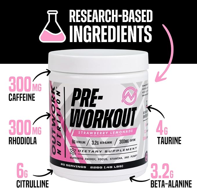 Outwork Nutrition Pre-Workout for Men & Women, Pre Workout Without Creatine, Nootropic Pre Workout Powder with Citrulline Malate, Beta Alanine, Taurine, Rhodiola & Caffeine (Strawberry Lemonade)
