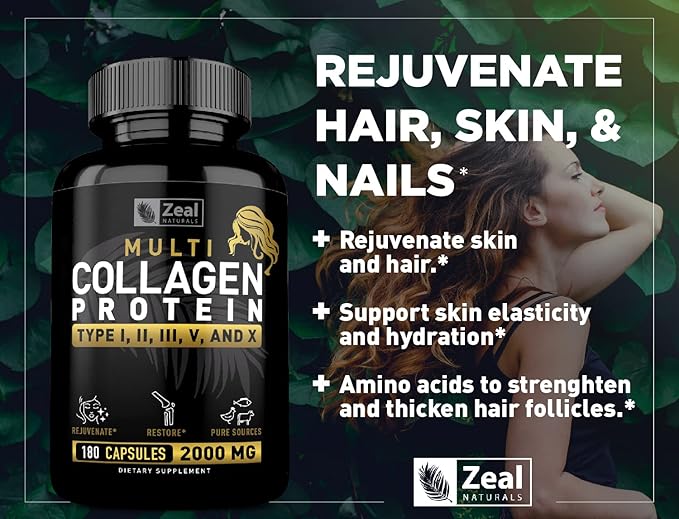 Multi Collagen Peptides Pills (Types Ⅰ,Ⅱ,Ⅲ,Ⅴ,Ⅹ) Grass Fed Collagen Pills (180 Capsules) - Hydrolysate Collagen Protein Blend for Hair, Skin, Nails, and Joint Support - Collagen Pills for Women