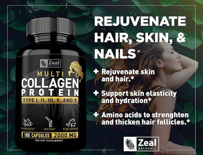 Multi Collagen Peptides Pills (Types Ⅰ,Ⅱ,Ⅲ,Ⅴ,Ⅹ) Grass Fed Collagen Pills (180 Capsules) - Hydrolysate Collagen Protein Blend for Hair, Skin, Nails, and Joint Support - Collagen Pills for Women