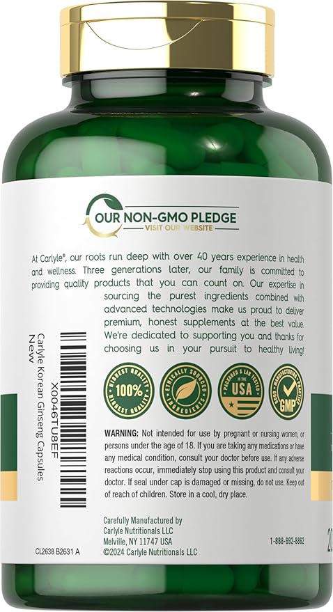 Carlyle Korean Ginseng Extract Capsules 2000 mg | 200 Capsules | Non-GMO and Gluten Free Formula | Standardized Panax Ginseng Supplement