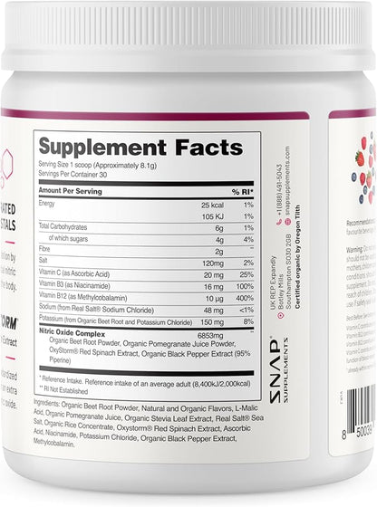 Snap Supplements USDA Organic Beet Root Powder, 3-in-1 Nitric Oxide Supplement, Support Healthy Blood Pressure and Blood Circulation, 250g (30 Servings (Pack of 1), Mixed Berry)