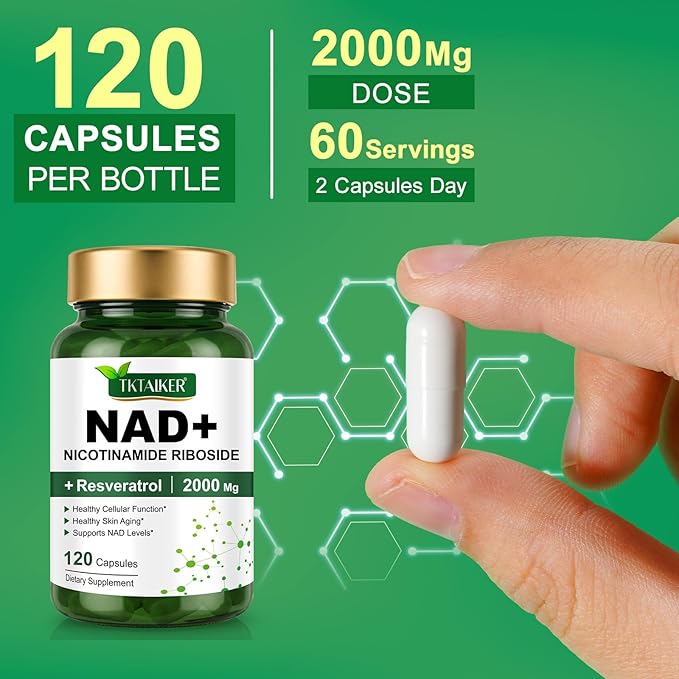 NAD Supplement 2000 Mg - 120 Capsules True NAD & Resveratrol, NMN Alternative Liposomal NAD+ for Women & Men, Support Cellular Health, Stamina & Healthy Aging - Ultra Strength Capsules