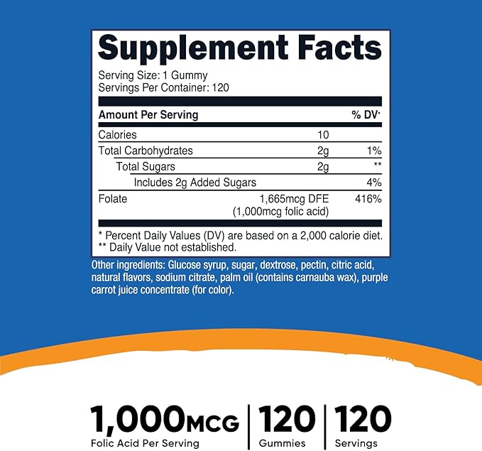 Nutricost Folic Acid (Vitamin B9) Vegetarian Gummies (120 Gummies, 1 mg Folic Acid Per Serving) - Supplement for Men & Women
