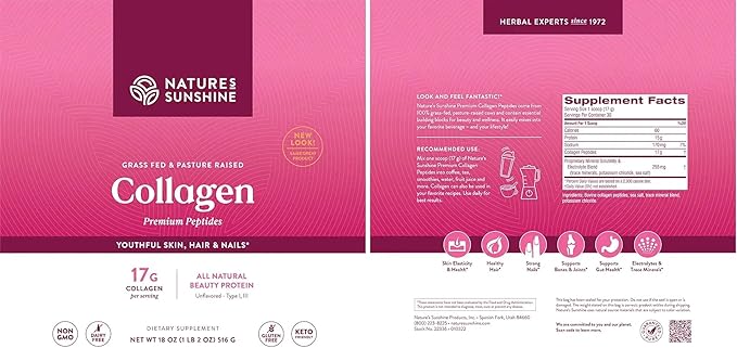 Nature's Sunshine Collagen Powder Type I and III Grass Fed and Pasture Raised Premium Bovine Collagen Peptides 18 Oz