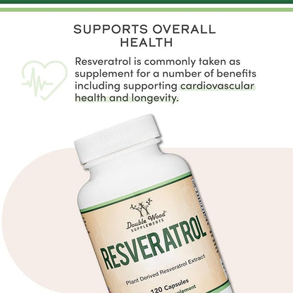 Resveratrol Supplement 500mg Per Serving, 120 Capsules (Resveratrol Polygonum Root Extract Providing 50% Trans Resveratrol) Healthy Aging Support by Double Wood