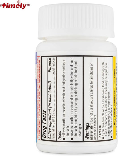 Timely Acid Reducer Famotidine 20mg - Compare to the active ingredient in Maximum Strength Pepcid AC - Anatcid Acid Reflux Medicine for Heartburn Relief and Acid Indigestion Symptoms - 200 Tablets