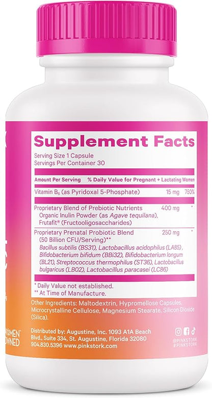 Pink Stork Prenatal Probiotics for Women - 50 Billion CFU, Vitamin B6, Prebiotics, Morning Sickness, Gut Microbiome, Pregnancy Probiotic, Immune Support, Pregnancy Must Haves - 30 Capsules
