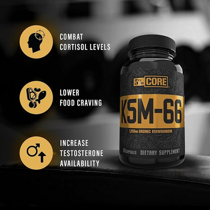 5% Nutrition Core KSM-66 Ashwagandha | 1,200mg Organic Ashwagandha Root Powder Extract | High Potency 5% Withanolides (45 Servings, 90 Capsules)