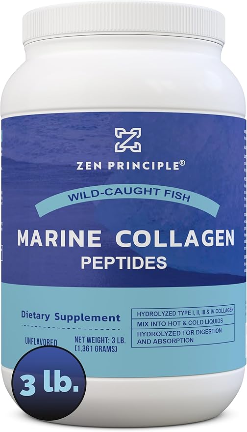 Zen Principle Marine Collagen Peptides Powder 3 lb. Wild-Caught Fish, Non-GMO. Supports Healthy Skin, Hair, Joints, and Bones. Hydrolyzed Type 1 & 3 Protein. Amino Acids, Unflavored, Easy to Mix.