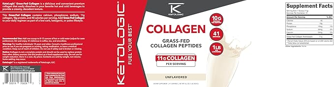 Ketologic Grass Fed Collagen Hydrolysate Powder (Unflavored) (1 LB) - 41 Servings, 11 G Collagen Per Serving, 10 G Protein Per Serving - Grass-fed Collagen Peptides