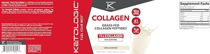Ketologic Grass Fed Collagen Hydrolysate Powder (Unflavored) (1 LB) - 41 Servings, 11 G Collagen Per Serving, 10 G Protein Per Serving - Grass-fed Collagen Peptides