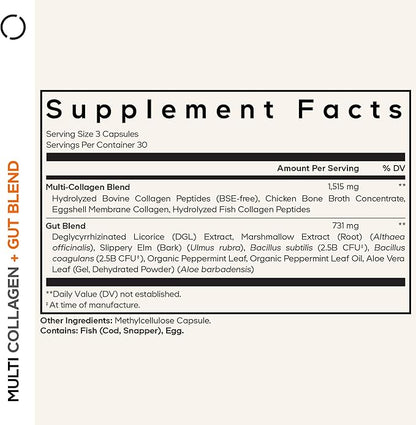 Codeage Multi Collagen + Gut Blend Supplement - Digestive Probiotics, DGL Licorice, Aloe Vera, Organic Peppermint Leaf, Slippery Elm - Hydrolyzed Bovine Collagen Pills - Non-GMO - 90 Capsules
