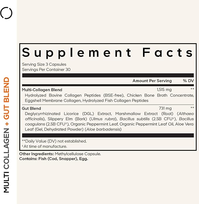 Codeage Multi Collagen + Gut Blend Supplement - Digestive Probiotics, DGL Licorice, Aloe Vera, Organic Peppermint Leaf, Slippery Elm - Hydrolyzed Bovine Collagen Pills - Non-GMO - 90 Capsules