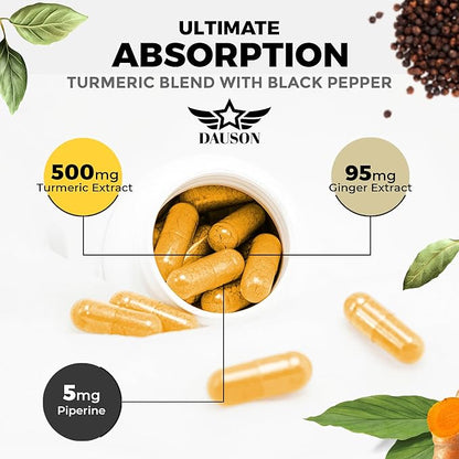 Turmeric Ginger Piperine Supplement – High Bioavailability Curcumin for Joint, Gut, Heart, Brain & Skin Health Support | Immune Booster | 60 Capsules