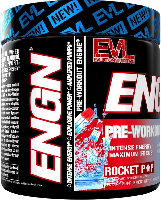 Evlution EVL Intense Pre Workout with Creatine - ENGN Energizing Pre Workout for Men Powder Drink for Lasting Energy Focus and Recovery - with Beta Alanine Caffeine and L Theanine - Rocket Pop