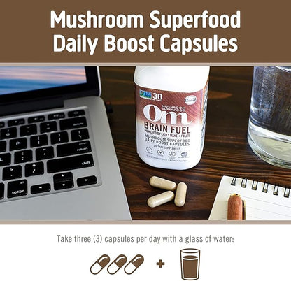 OM MUSHROOM SUPERFOOD Brain Fuel Mushroom Powder Capsules Superfood Supplement, 90 Count, 30 Days, Lion's Mane, Reishi Blend Plus Folate, Mental Clarity, Mushroom Supplement