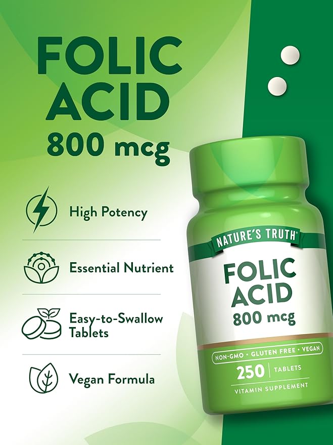 Nature's Truth Folic Acid | 800 mcg | 250 Tablets | Vegan, Non-GMO & Gluten Free Supplement