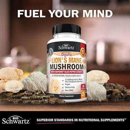 BioSchwartz Organic Lions Mane Supplement Capsules (90 Count) 2100mg Lions Mane Mushrooms with BioPerine for Max Absorption, Active Compound Verified, Nootropic Brain Supplements for Memory and Focus