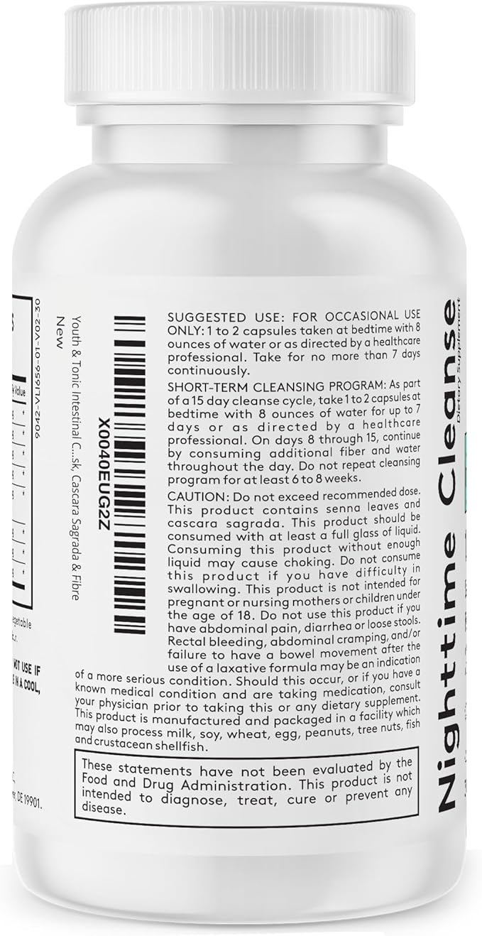 Youth & Tonic Overnight Intestinal Cleanse Supplement - Natural Constipation Relief for Men & Women with Senna Leaf, Psyllium Husk, Cascara Sagrada & Fibre - 30 Capsules. Can Be Strong for Some People