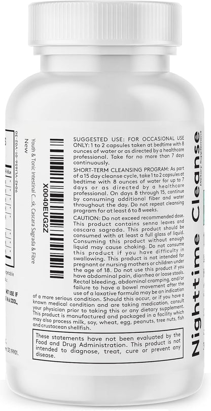 Youth & Tonic Overnight Intestinal Cleanse Supplement - Natural Constipation Relief for Men & Women with Senna Leaf, Psyllium Husk, Cascara Sagrada & Fibre - 30 Capsules. Can Be Strong for Some People