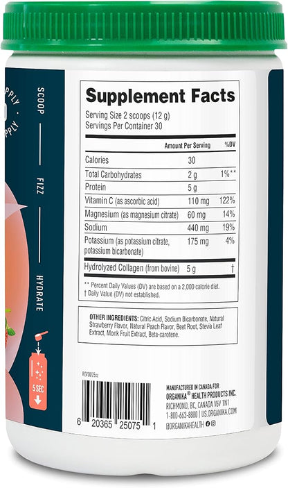 Organikа Electrolytes with Enhanced Collagen Powder for Women & Men - 360g - Strawberry Peach-Flavored Effervescent Electrolyte & Collagen Drink Mix - Deep Hydration, Mobility, Skin, Hair, & Nails