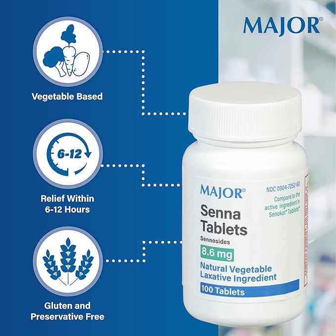 Major Senna 8.6 mg Natural Vegetable Laxative Tablets - Made with Sennosides - Promotes Occasional Constipation Relief - 100 Tablets