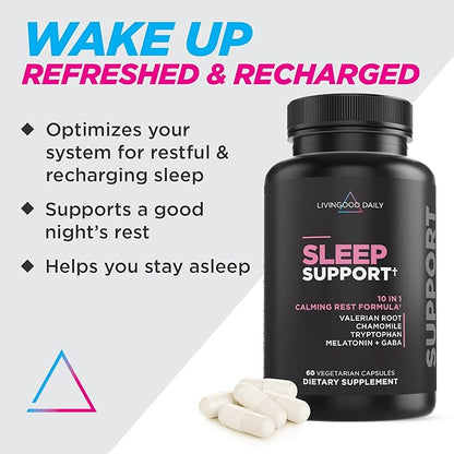 Livingood Daily Sleep Support, 5mg Melatonin (60 Vegetarian Capsules) - Natural Sleep Aid for Adults - Sleeping Pills Supplement with Valerian Root, Chamomile, Tryptophan, & GABA Promote Deep Sleep